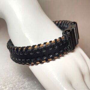 INOX Black Leather & Woven Gold Stainless Steel Cable Bracelet w/Magnetic Clasp